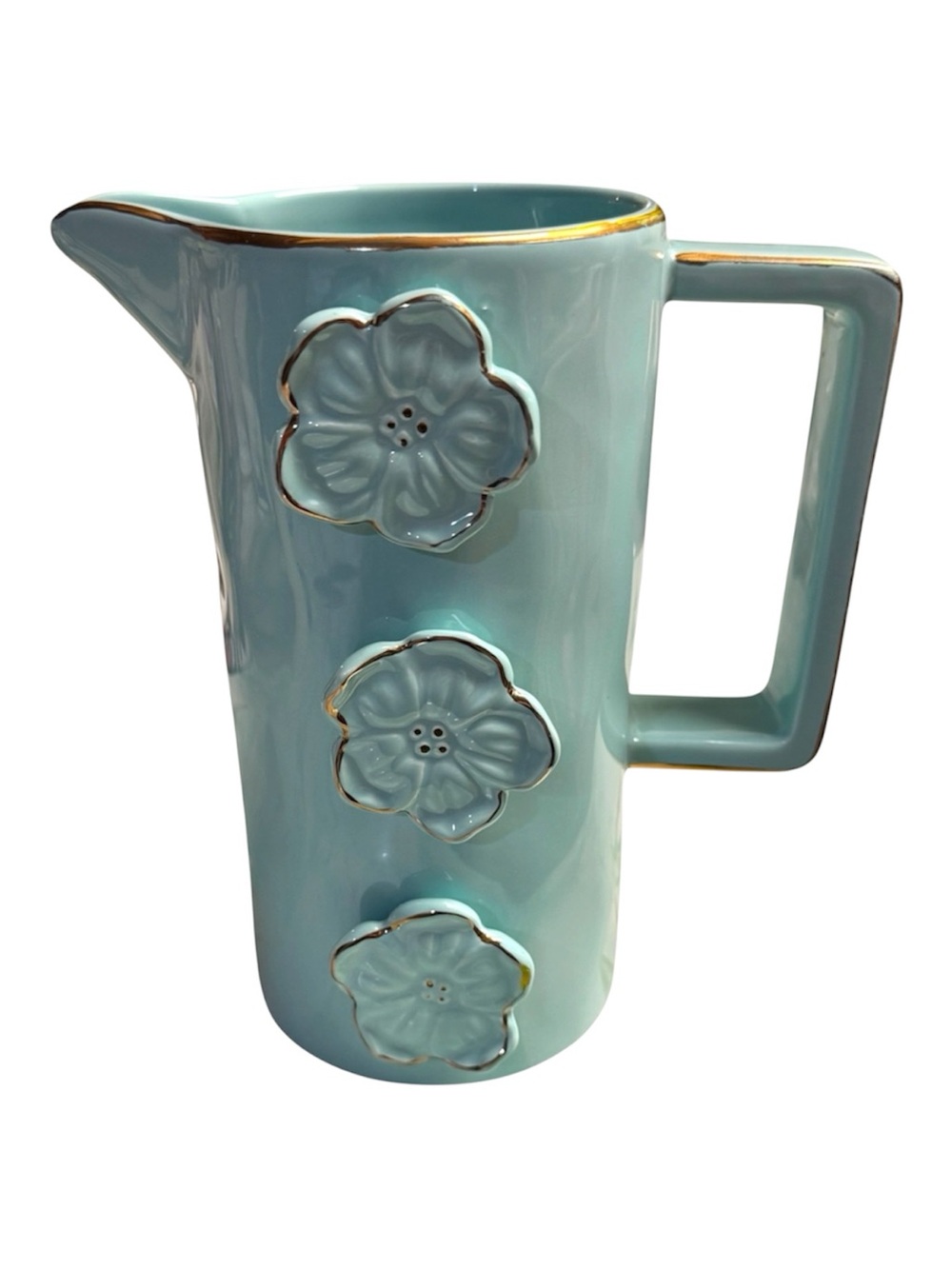 Tres Flores 60’s Mid-Century Floral Baby Blue Porcelain Pitcher w/Gilt Accents